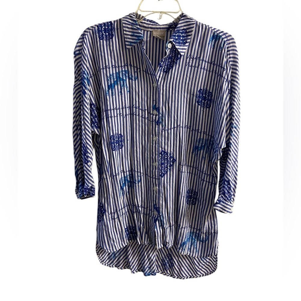Chico’s blouse button front elephant print striped Medium